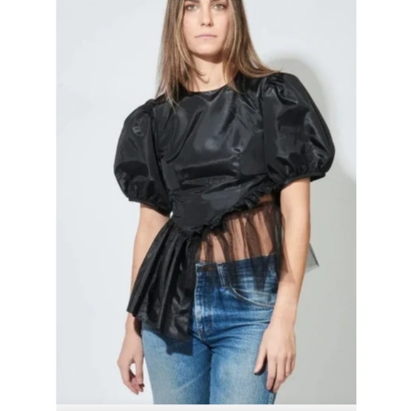 Sandy Liang Tops - Sandy Liang Spoonbill Peplum Tulle Puff Sleeves Black Asymmetrical Top